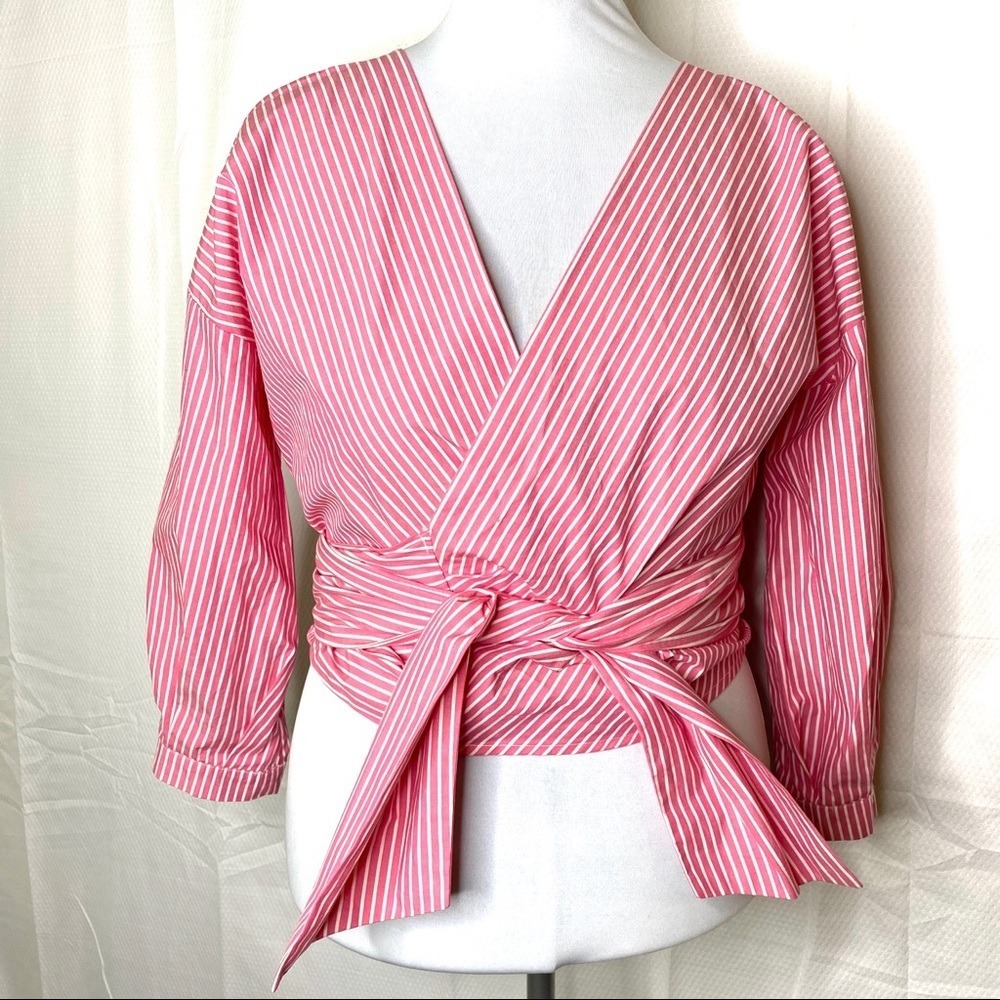 JW Style Y2K Striped Wrap Front Tie Shirt Blouse Small Pink White S Cottagecore - Picture 7 of 8
